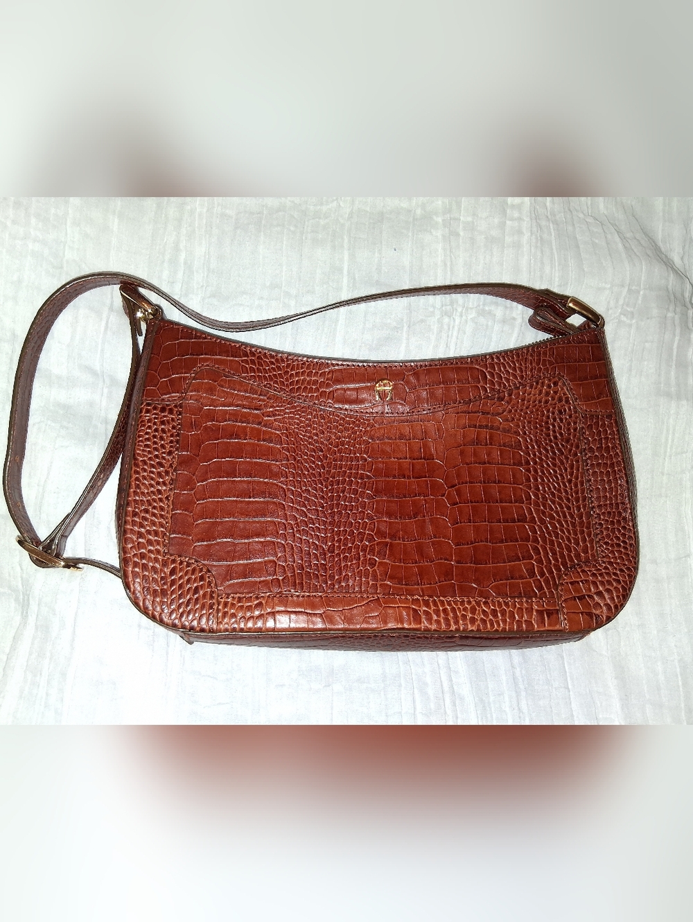 Etienne Aigner Brown Croc-Embossed Satchel with Gold Hardware